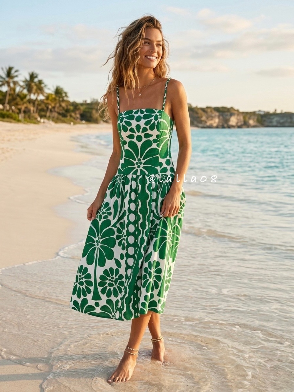 Caroline Constas Green and White Floral Linen Midi Dress